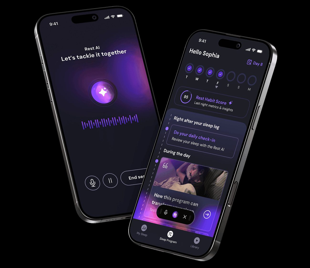 Rest app showing a live Rest AI voice session and a Day 8 sleep program dashboard